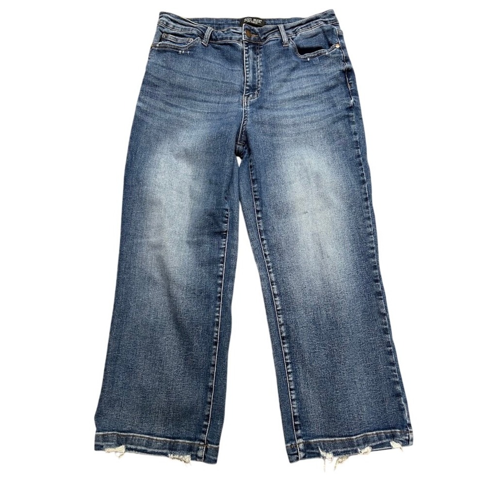 Judy Blue High Rise Wide Leg Cropped Raw Hem Jeans  13/31 Medium Wash Denim